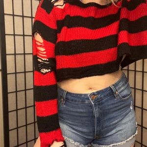 Red & Black ripped long sleeve crop top.